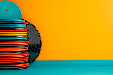 Poster - A stack of colorful plates against a bright orange wall, with a turquoise surface, creating a vibrant and playful aesthetic