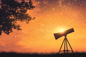 Poster - A silhouette of a telescope against a vibrant sunset sky filled with stars, surrounded by grass and a tree, evoking a sense of wonder and exploration