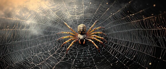 Large spider in center of intricate web, dark background, illuminated.