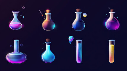 Poster - Chemistry and chemical tubes and vials icons. Chemical glass bottles with reagents for laboratory tests research. Medical pharmaceutical or oil biochemical concept design. Vector isolated symbols set
