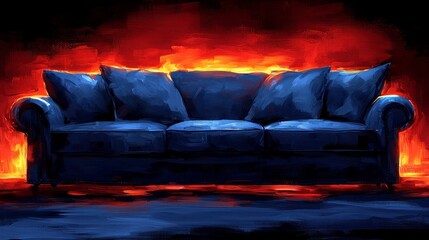 Wall Mural - Blue sofa set ablaze.