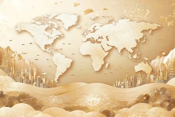 Naklejka na meble Golden World Map Mural: Elegant Cityscape and Global Design
