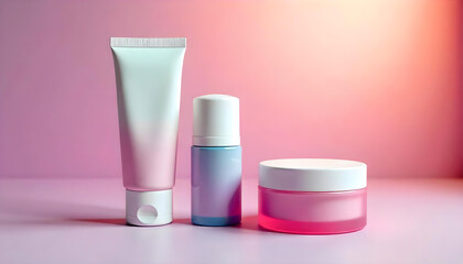 Discover elegant white and pink skincare bottles on a pastel background featuring cosmetics for glowing beauty and wellness care