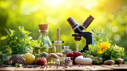 Poster - Biology flat concept design with a fresh green leaf surrounded by round icons depicting insects, microscope, computer, water, chemical analysis, atoms for physics and DNA for genetics, vector