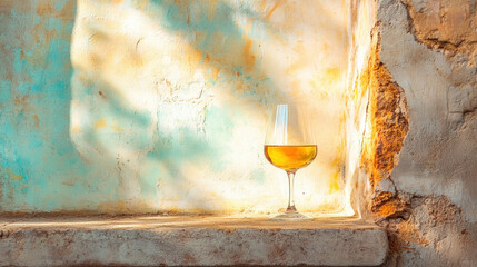 Poster - Dessert Wine, A high-resolution image of a glass of dessert wine placed on a windowsill, showcasing exquisite details and vibrant colors for culinary or lifestyle use.