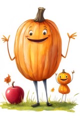 Wall Mural - Happy cartoon pumpkins with apple and fall leaves.