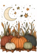 Wall Mural - Autumn pumpkins, crescent moon, stars, and foliage.