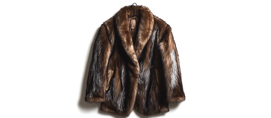 elegant sable fur coat hanging in front view, isolated on white,