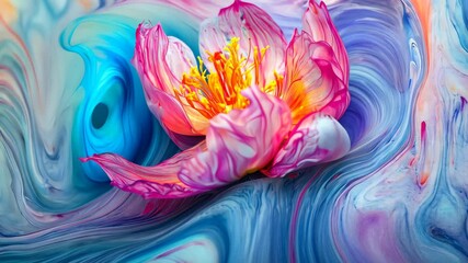 Poster - Colorful ink flows beautifully around a blossoming flower in vibrant hues, Gorgeous art, colorful ink is flowing all over a flower in the water