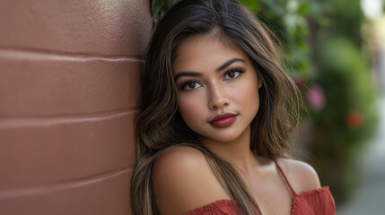 Beautiful Latin American woman with subtle smile against brick wall. Ideal for beauty brands, modeling agencies, or lifestyle magazine content.