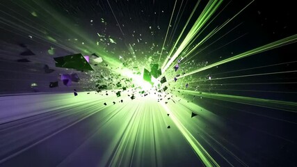 Wall Mural - Abstract Explosion: Green and Purple Fragments in Motion