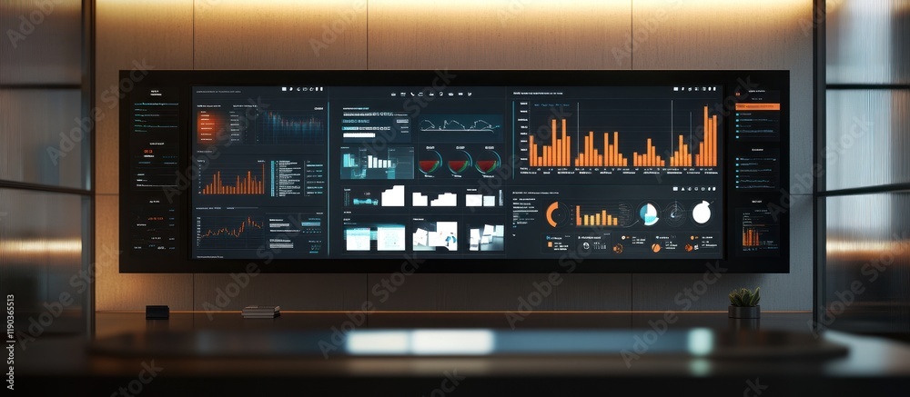 Large screen displaying multiple data graphs and charts in a modern office.