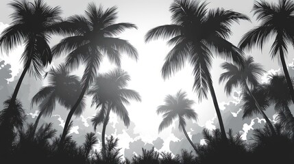 Monochrome silhouette of palm trees against a cloudy sky.