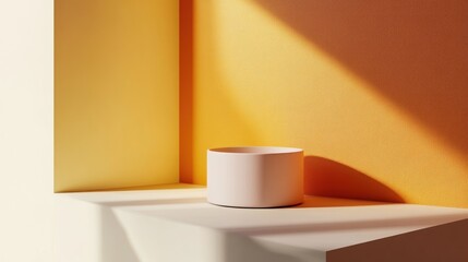 Sticker - Pale pink cylinder on white platform in sunlit corner.