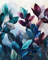 Vibrant leaves in shades of blue and purple create serene, artis