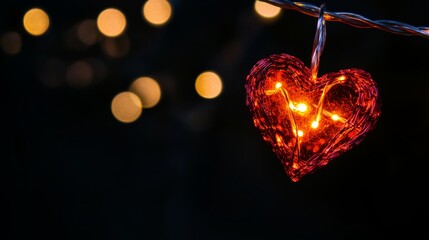 Wall Mural - romantic red heart valentine bokeh lights on a black background featuring glowing warm tones and sof