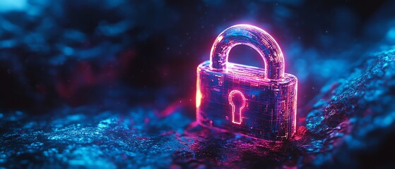 Poster - A futuristic digital padlock in bright neon colors on a dark blue backdrop, representing cyber security, privacy data protection, and network defense against fraud