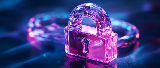 Poster - A futuristic digital padlock in bright neon colors on a dark blue backdrop, representing cyber security, privacy data protection, and network defense against fraud