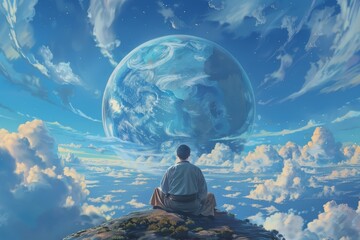 alone figure meditates on rocky outcrop, staring at distant planet in cloudy sky, filling the world 