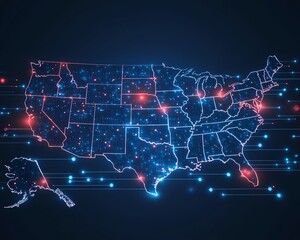 Poster - A hightech USA map with electronic vote pathways, advanced cyber technology, data transfer flows, and global connectivity, glowing telecommunication network