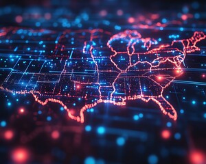 Poster - A hightech USA map with electronic vote pathways, advanced cyber technology, data transfer flows, and global connectivity, glowing telecommunication network