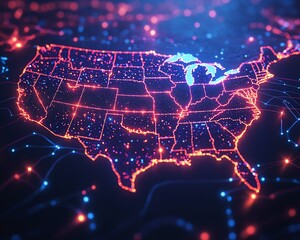 Poster - A hightech USA map with electronic vote pathways, advanced cyber technology, data transfer flows, and global connectivity, glowing telecommunication network