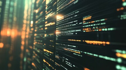 Abstract digital code stream flowing, glowing teal and orange lines on dark background.