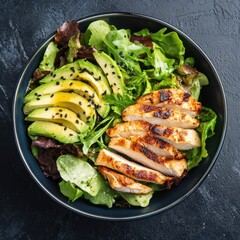 Grilled chicken and avocado salad in a bowl.