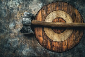 Circular wooden shield with striking axe positioned above it, sh