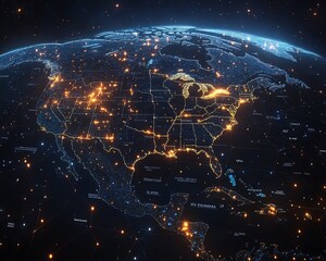 Poster - A futuristic digital map of Earth with glowing business trading links, finance connectivity, and advanced American telecommunication systems, hightech theme