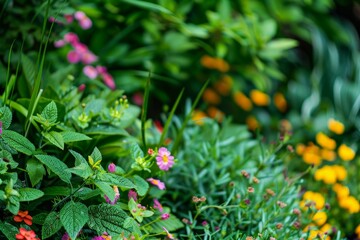 Wall Mural - A close-up view of a summer garden, showcasing vibrant pink and yellow flowers intertwined with lush green foliage, Lush green foliage intertwined with colorful flowers in a serene garden setting