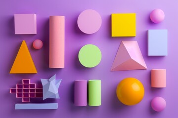 Poster - A flat lay of geometric shapes in various colors arranged on a purple background, Explore the use of geometric shapes against the purple backdrop