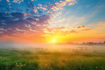 a beautiful sunrise paints the sky with vibrant colors, casting a warm glow over a misty meadow, a s