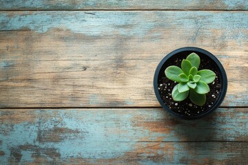 Wall Mural - Green succulent in black pot placed on rustic wooden surface hig