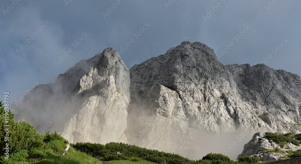 View at Kalce ridge and Kalska gora peak in clouds from Kokra saddle ...