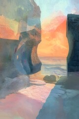 Wall Mural - Serene sunset view through rock formations on a beach.