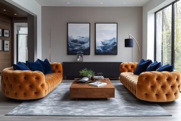 Living room with two sofas in light brown and dark blue velvet, oak coffee table, gray carpet, and framed pictures, reflecting modern American style home interior design.