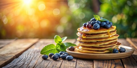 Wall Mural - A Delicious Stack of Buttery Pancakes Topped with Fresh Blueberries and Honey Drizzle on Rustic Wooden Table