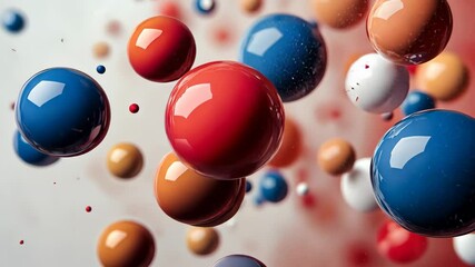 Poster - Bunch of colorful balls are floating in the air. The colors are red, blue, and white. The image has a playful and fun mood