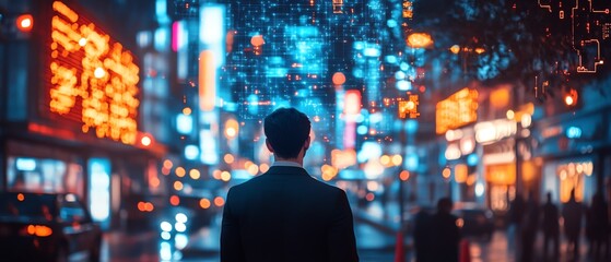 Leinwandbilder - Futuristic smart city street with a businessman looking confused