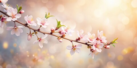 Wall Mural - Delicate Pink Blossoms on Branch, Springtime Floral Image with Soft Bokeh Background