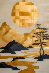 Sticker - Gold leaf mountainscape art.