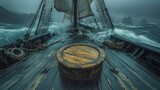 A wooden sailing ship battling a stormy sea, viewed from the bow, with large waves crashing around it.  The deck is wet and the rigging is taut.  A large, round wooden object is centered on the deck.