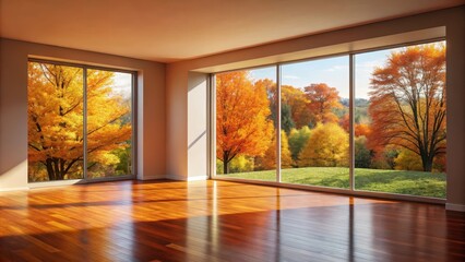 Wall Mural - Empty room with hardwood floors and expansive windows showcasing vibrant autumn foliage