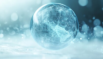 Poster - Modern abstract digital globe with radiant global network connections, soft blue holographic glow, glass orb aesthetic, white blur background, UHD