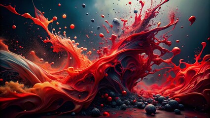 Poster - Abstract Red Black Ink Splashes Aerial View - High Resolution Stock Photo