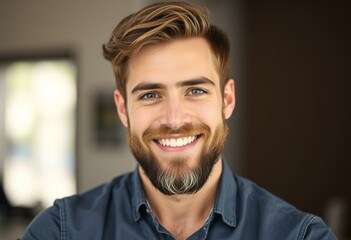 A happy male hipster with a warm smile and a bearded face, dressed in casual clothing