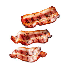 Crispy bacon slices garnished with pepper grains, isolated on white transparent background