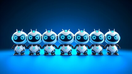 Poster - Futuristic Robots on Blue, a collection of sleek, advanced robots showcasing innovative designs against a vibrant blue backdrop.
