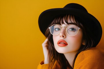 Wall Mural - Stylish Woman in Hat and Glasses on Yellow Background